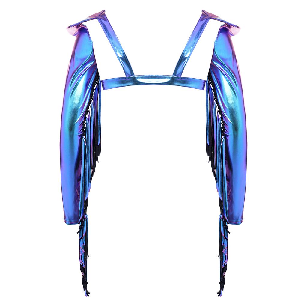 M-3XL Men Metallic Shiny Fringed Arm Sleeves Long Sleeve with Tassels Structured Epaulet Adjustable Chest Harness Club Party Crop Top