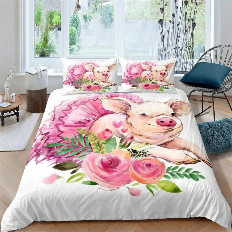 Premium Pink Pig Comforter Cover Cartoon Pig Pattern Bedding Kawaii Animal Sweetheart Floral Print Duvet Cover Children Boys Room Decor