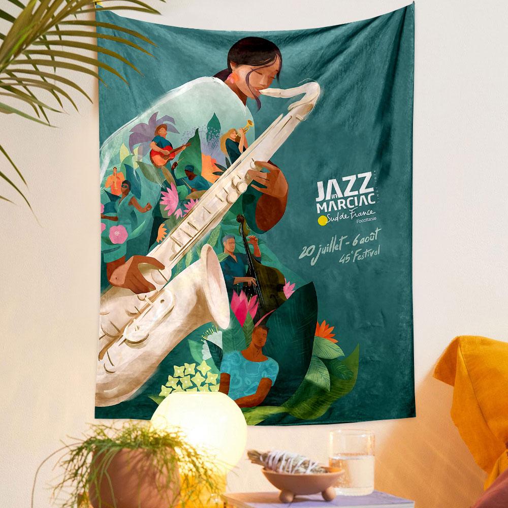 A woman playing a saxophone surrounded by vibrant floral and music motifs. Patterned tapestry for bedroom and living room home decor
