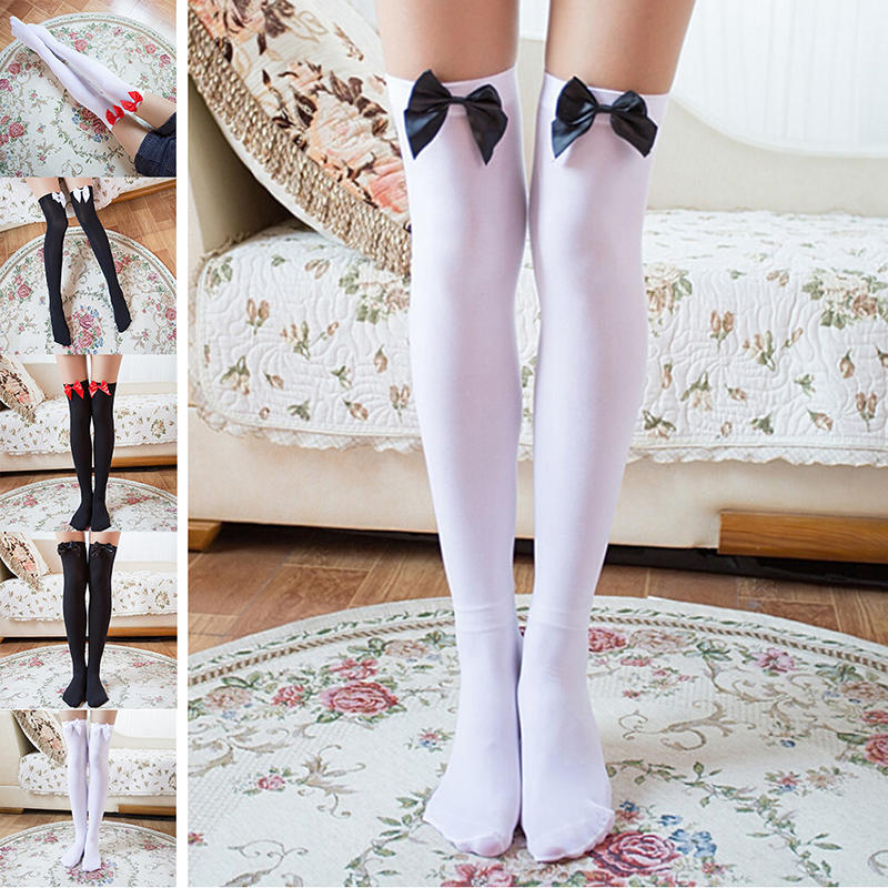 Girl Stretchy Meias Over The Knee High Socks Stockings Tights With Bows Thigh