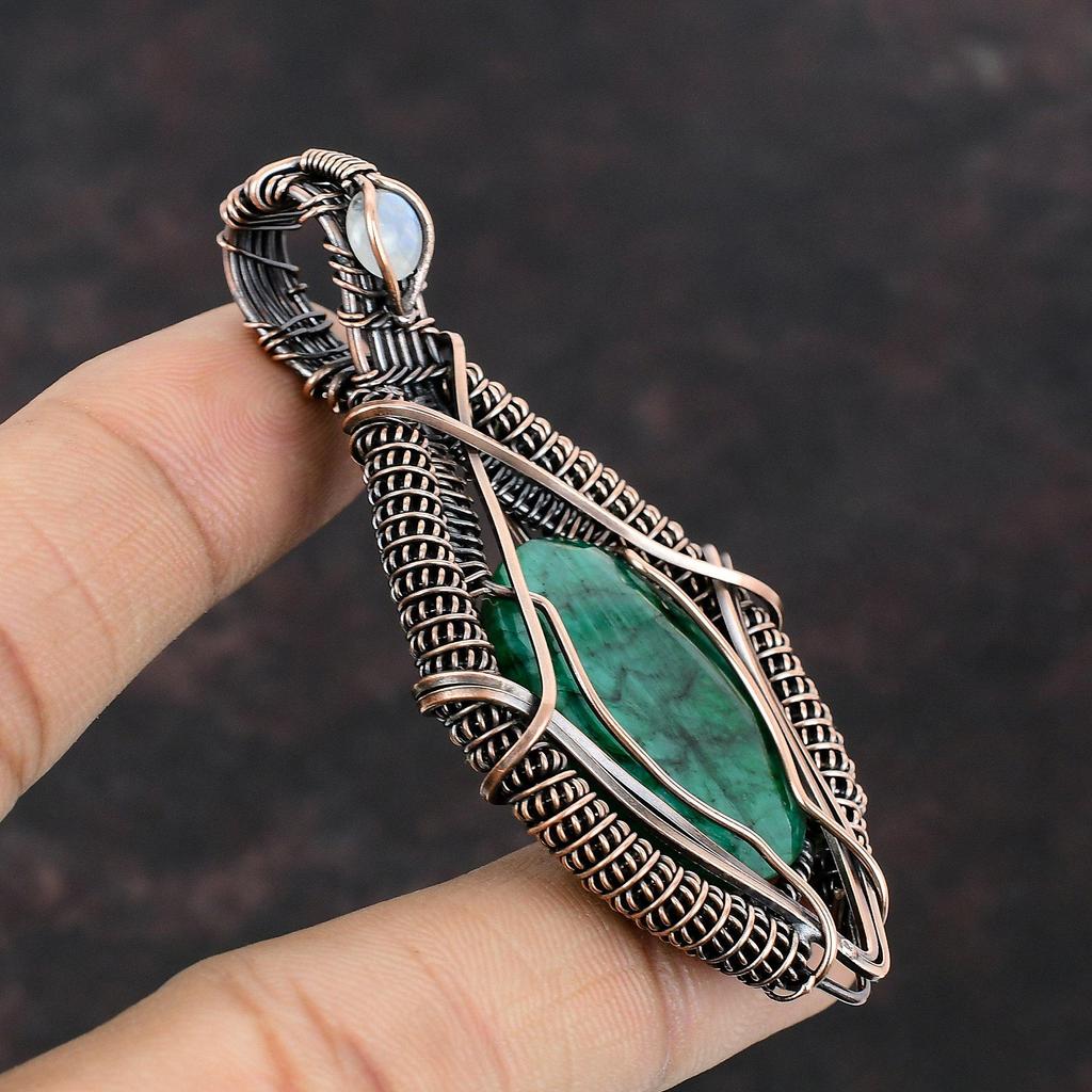 Ограненный замбийский изумруд, медный кулон, медная проволока, кулон, кулон ручной работы, медный ювелирный подарок, Радужный лунный камень, драгоценный камень, ювелирные изделия