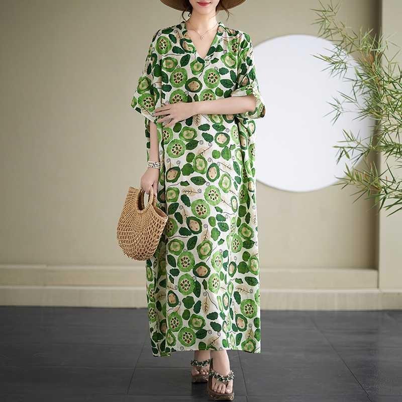 2025 Летние цветочные платья для отдыха в стиле путешествий с V-образным вырезом и длинными рукавами, закрывающими тело