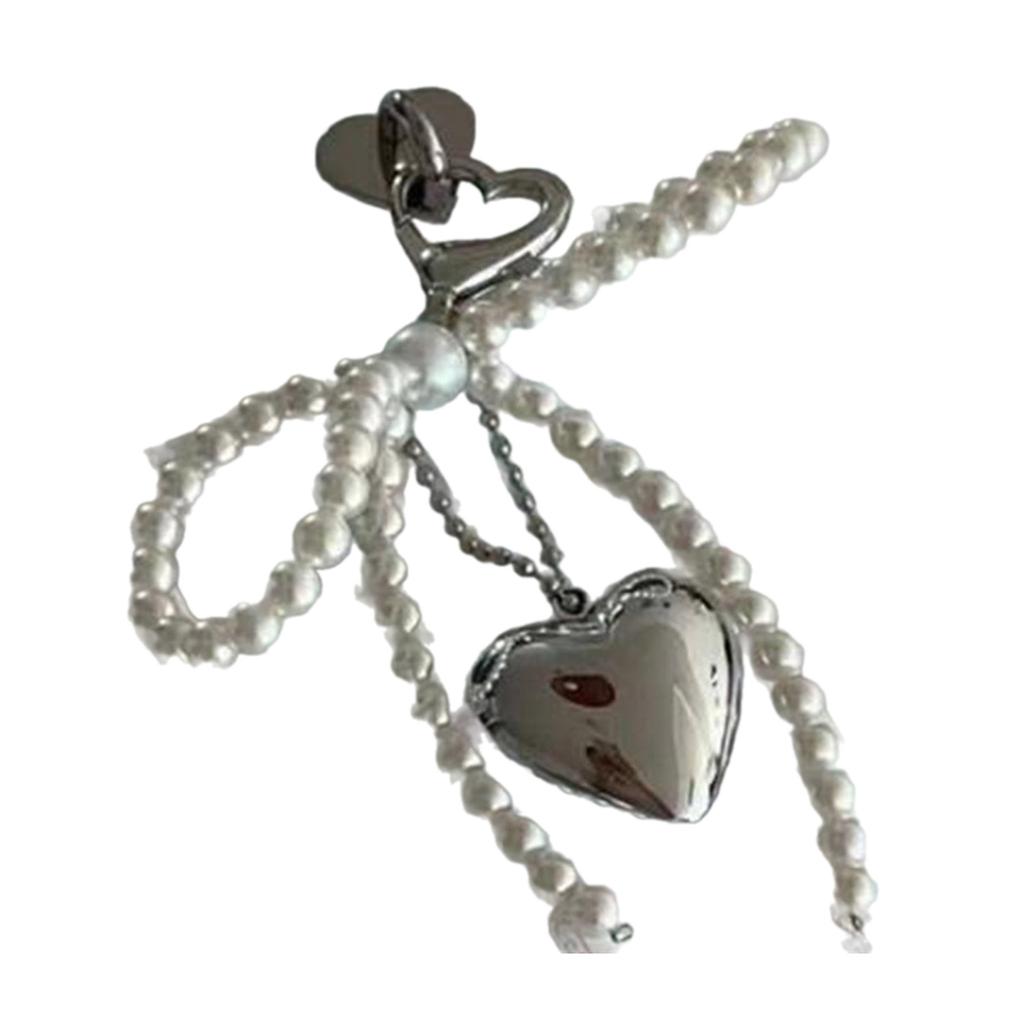 Pearls Beaded Phone Lanyard Bowknot Heart Pendant Keychain Stylish Phone Charm Keyring Bag Charm Accessory for Women