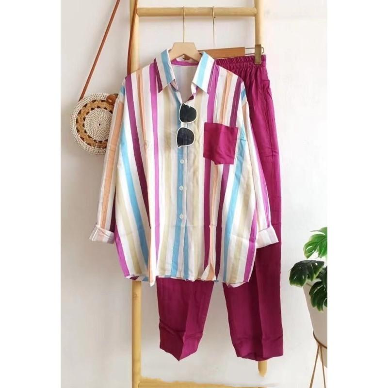 Летний женский дышащий комплект, повседневный, полосатый, свободный, пляжный, дорожный комплект, топ с длинным рукавом и брюки, комплект из 2 предметов