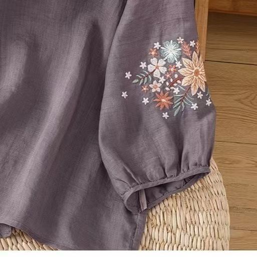 Literary Linen 7quarter Cotton Embroidery Sleeve Summer Retro Loose Embroidery Versatile Round Neck Tshirt For Women
