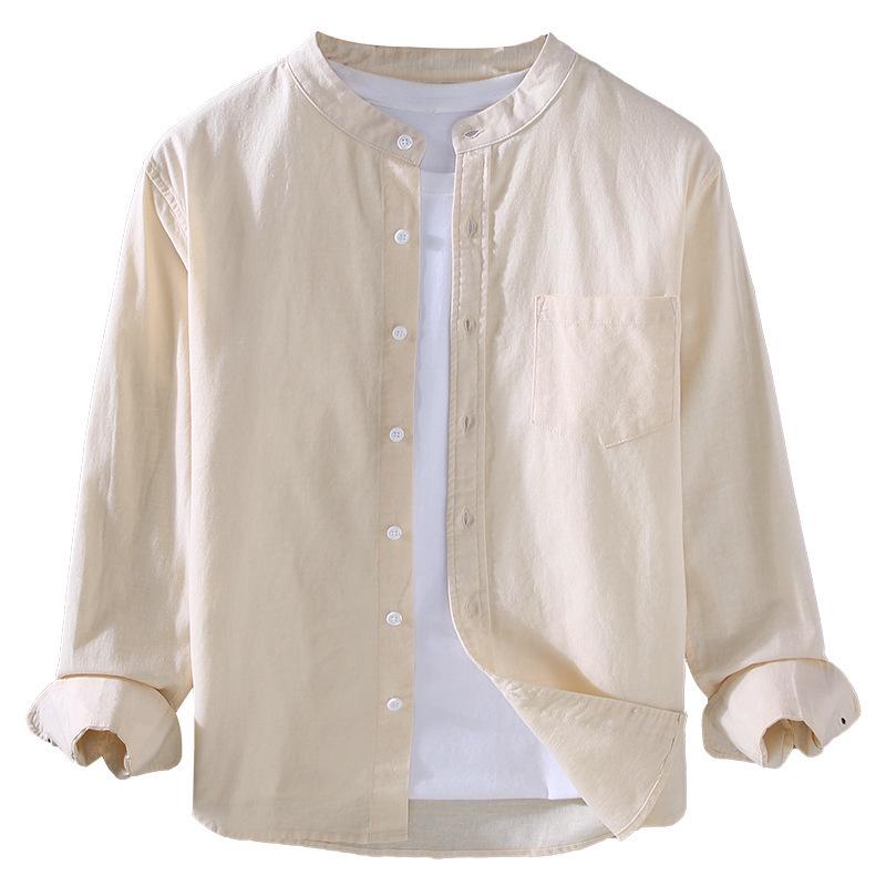 Мужская рубашка из хлопка и льна с длинным рукавом, китайским воротником-стойкой и карманом - простая, удобная повседневная куртка