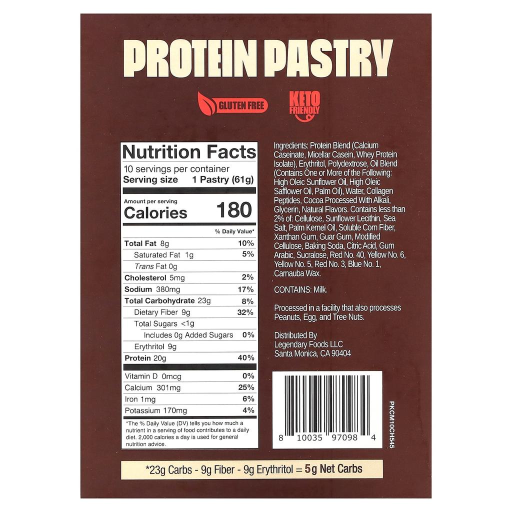 Legendary Foods Protein Pastry, Chocolate Cake, 10 Packs, 2.2 Oz (61 G) Each