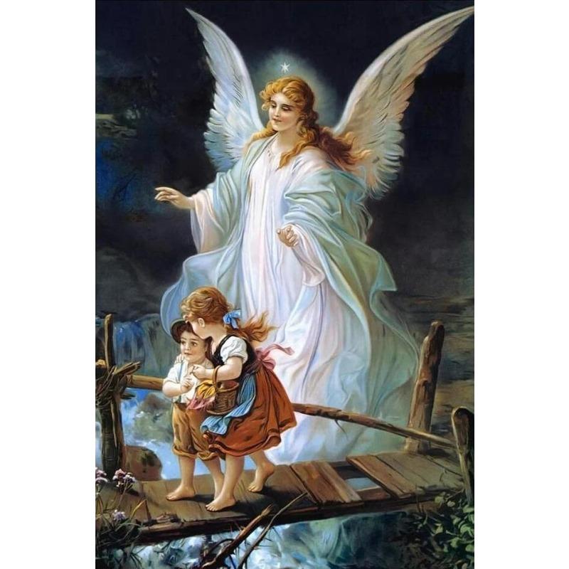 Vintage Guardian Angel Canvas Printmaking Gallery Decoration Angel Mom and Children Living Room Home Canvas Painting Wall Art