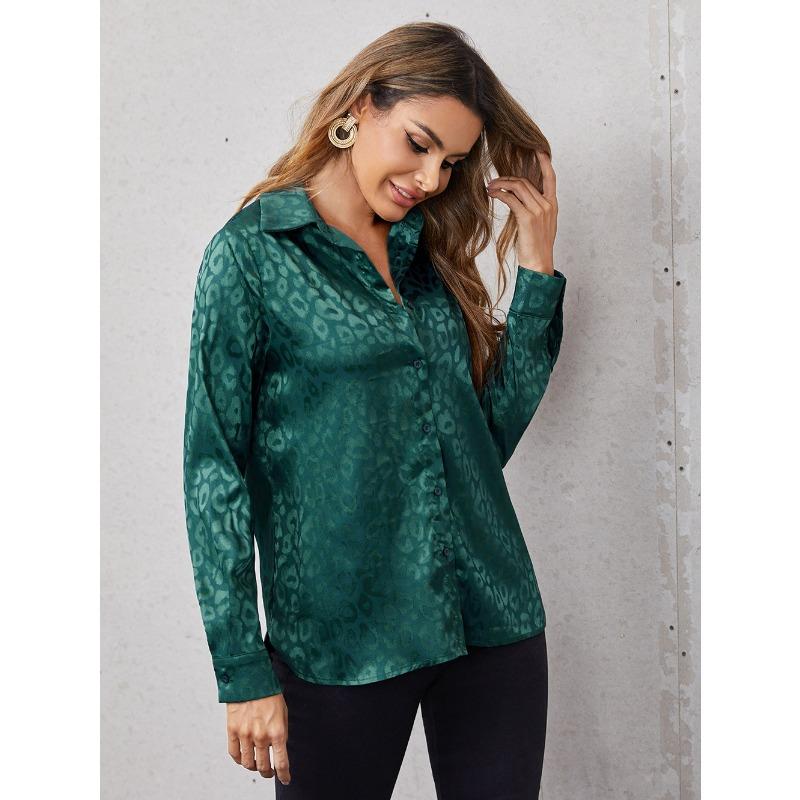 Women's Spring and Summer Lapel Open Button Leopard Print Jacquard Shirt Casual Long-sleeved Shirt