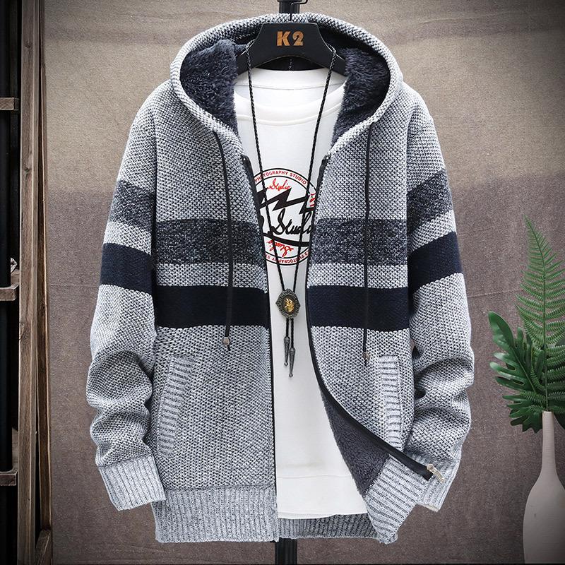 Men's Fleece Sweater Cardigan Large Size Contrasting Color Jacket Youth Slim Trendy Hooded Jacket