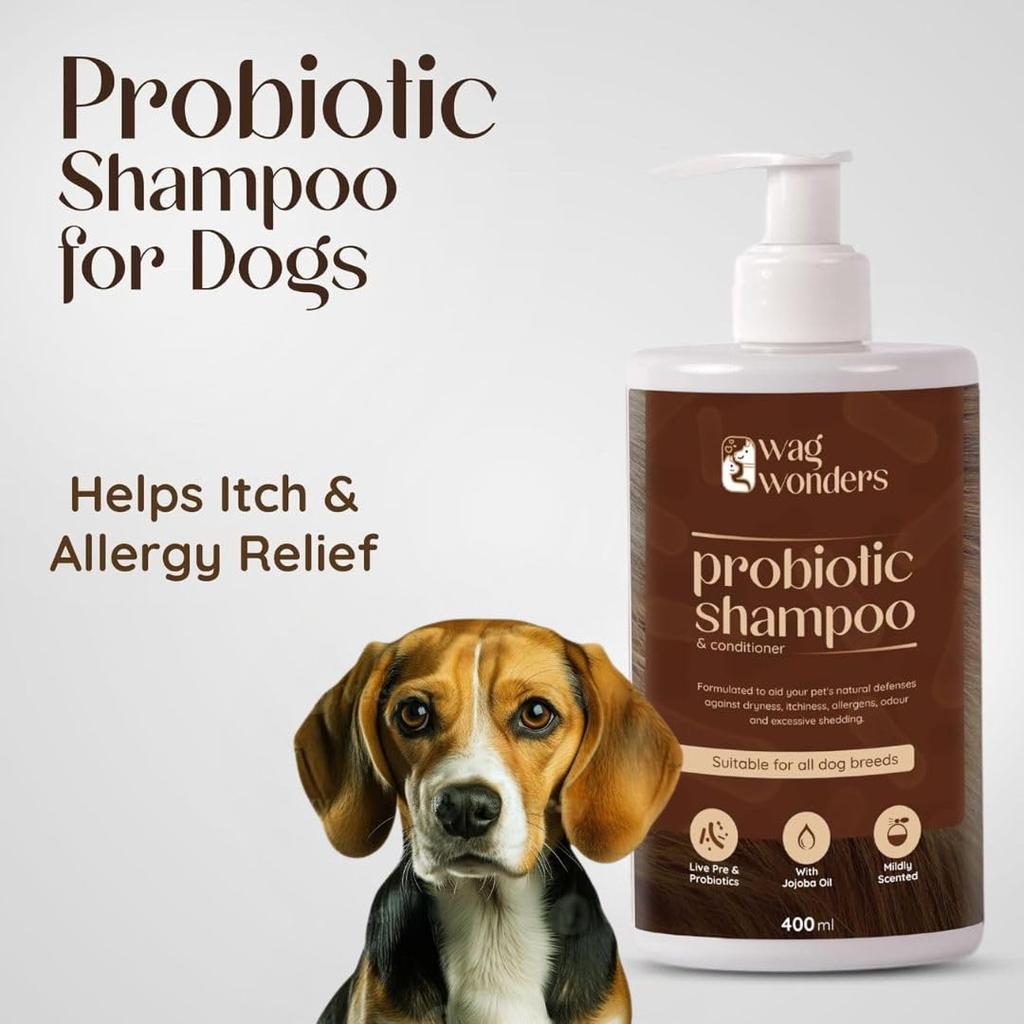 WAG WONDERS 400ml Probiotic Shampoo for Dogs Natural Care, Helps in Improves Skin Health, Shinier Skin, Helps Itch & Allergy Relief, Reduced Odor