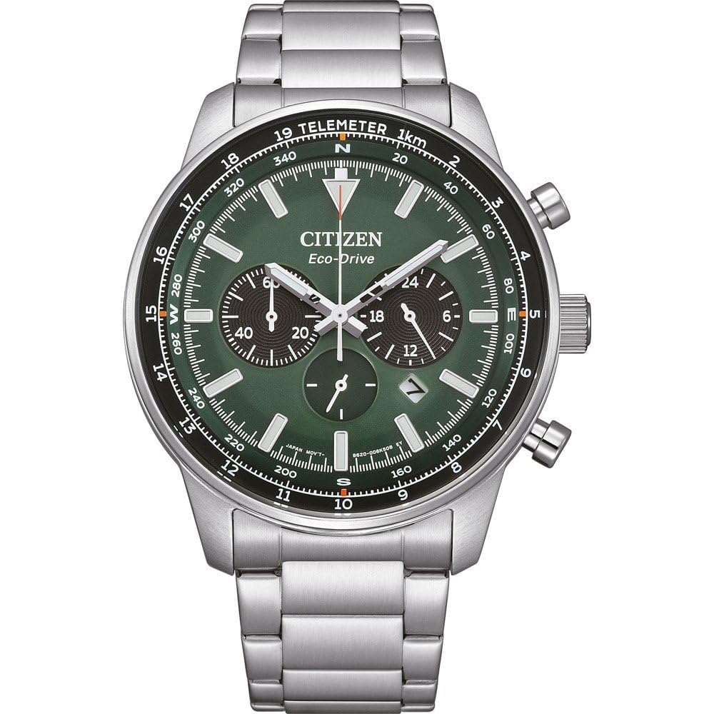 Citizen Eco-Drive Chronograph Green Dial Men's Watch Stainless Steel CA4500-91X Silver Modern Design