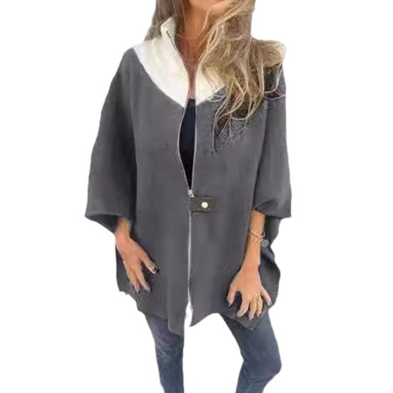 Lady Spring Fall Coat Stand Collar Zipper Closure Loose 45355 Sleeves Jacket