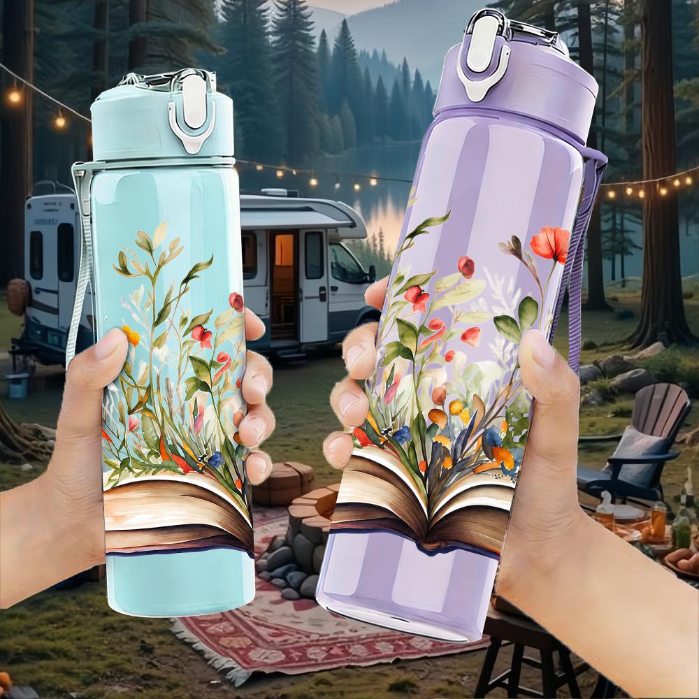 1PC Open Book Wildflower Bouquet 750ml Color Plastic Sports Water Bottle Leakproof Flip Straw Lid Suitable for Sports Office Home Use