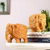 Wood Elephant Pair Down Trunk Statue Carving Figurine Showpiece for Home Decor(Set of 2, Brown)