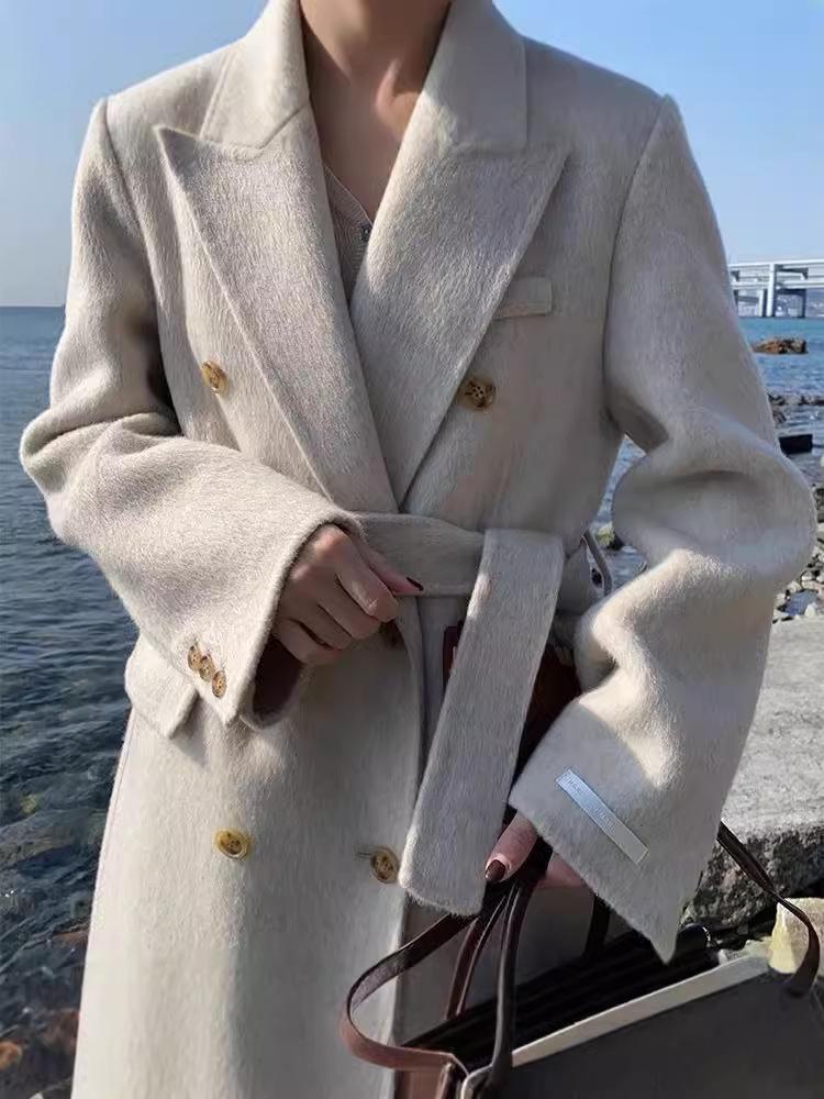 Женское длинное двубортное пальто из кашемира и шерсти с поясом