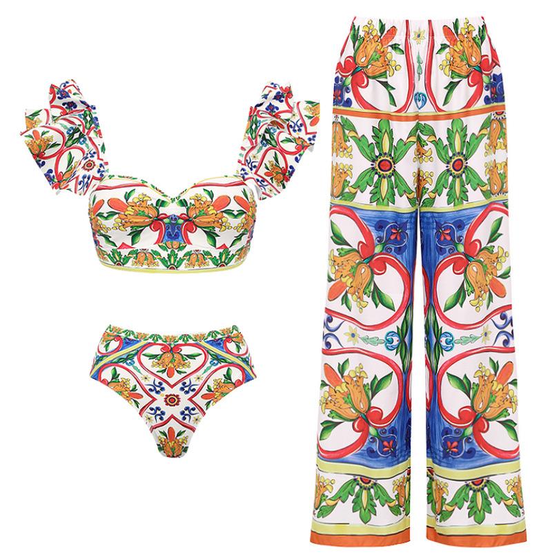 1011 European and American swimwear new women's shoulder ruffle edge enamel printing beach vacation one-piece swimsuit 11111