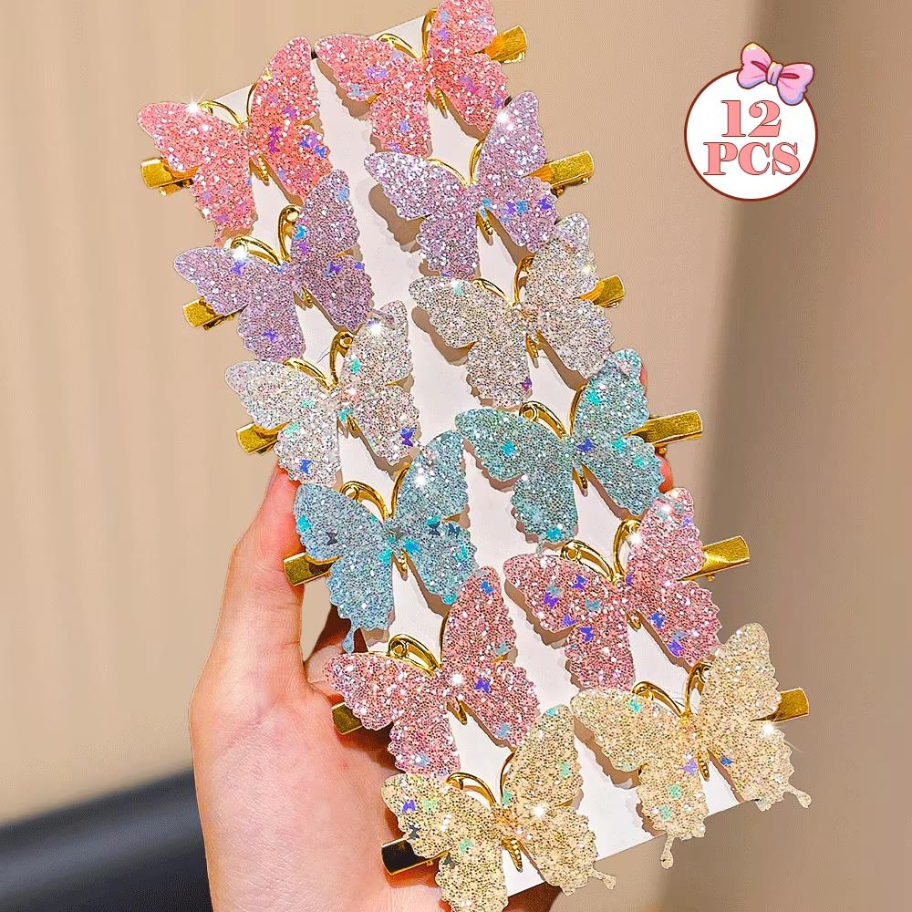 12 pcs Sparkling Pink Butterfly Hair Clips Set for Girls Dazzling Colors Cute Hair Accessories for Daily Use And Parties