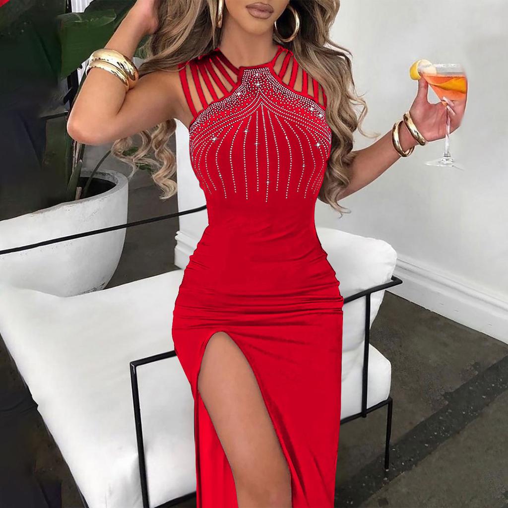 Women's Sleeveless Hot Diamond Slit Long Party Dress