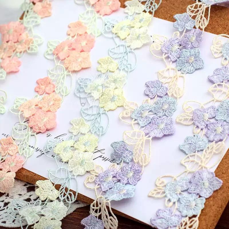 1Yard Purple Yellow Pink Floral Fabric Embroidery Lace Trim Hollow-Out Ribbon Dress Skirt DIY Decoration Material 4.5cm Wide