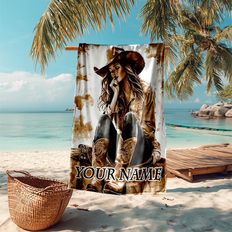 1PC Custom Name Cowgirl Dreams Sepia Beach Towel Highly Absorbent And Sand-Resistant Towel for Swimming, Pool, Yoga, And Travel Lightweight