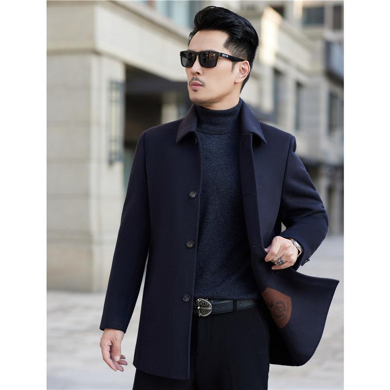 Осенне-зимнее двухстороннее кашемировое пальто, повседневное шерстяное пальто, мужское двухстороннее шерстяное пальто средней длины с лацканами для людей среднего возраста