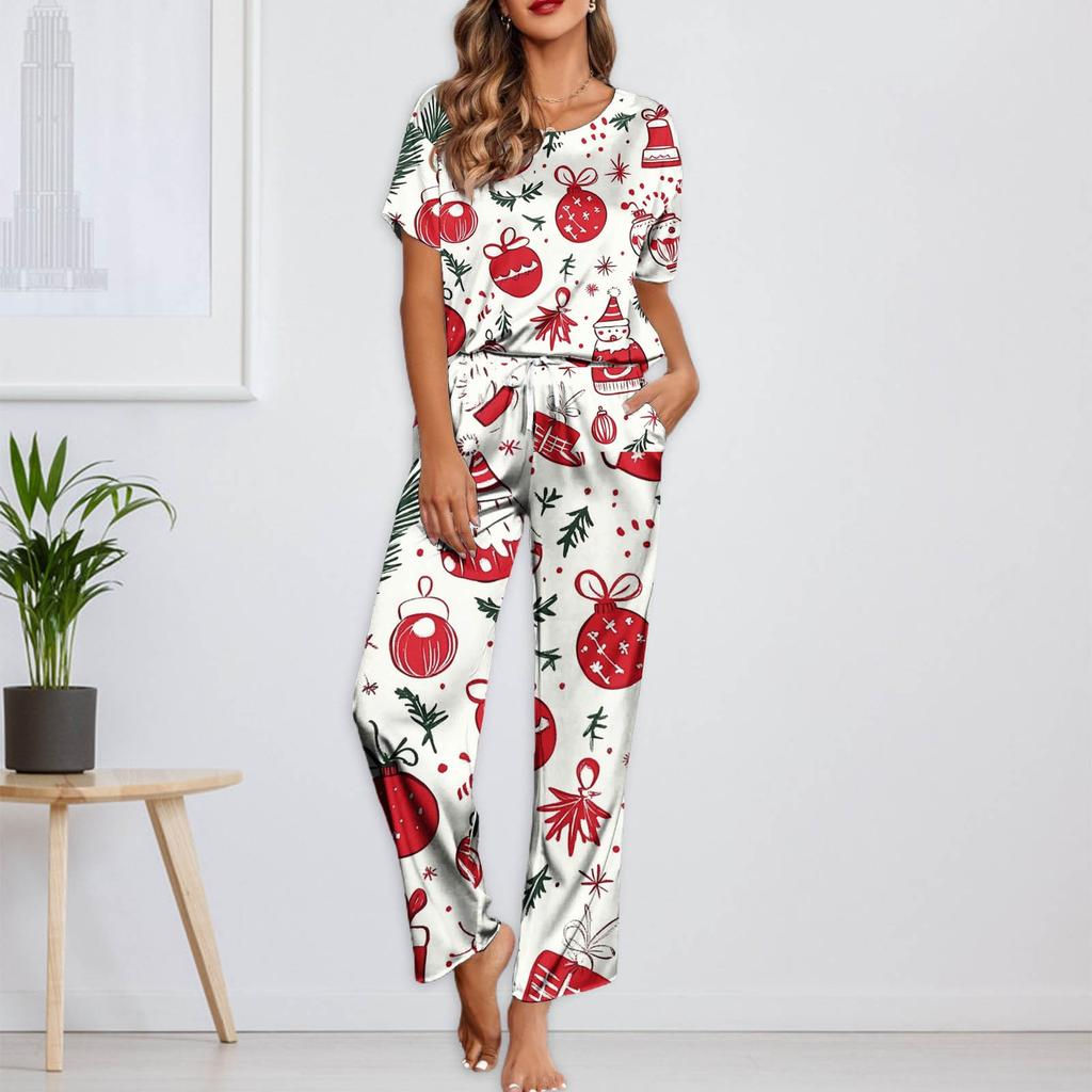 Женский шелковый атласный пижамный комплект с рождественским принтом, рубашка с коротким рукавом и длинные пижамные штаны, мягкая домашняя одежда