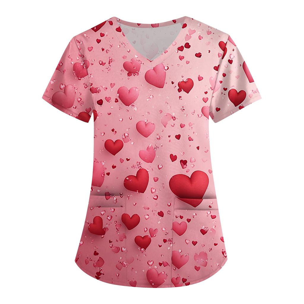 Women's Fashion V-neck Short-sleeved Work Clothes With Pockets Valentine's Day Print Top