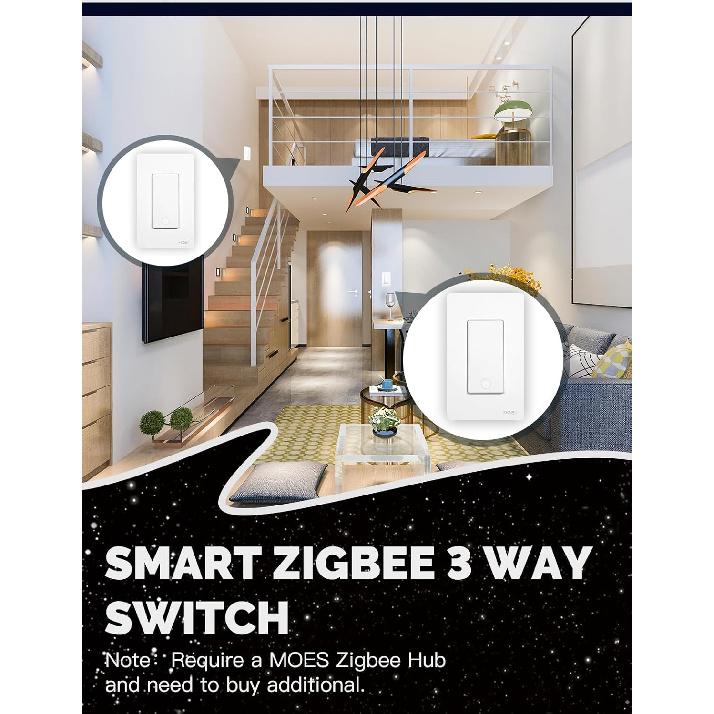 MOES Zigbee 3 Way Double Light Switch, 2 Gang Smart Wall Switches Single Pole, Require Neutral Wire, Support Remote Control, Compatible with
