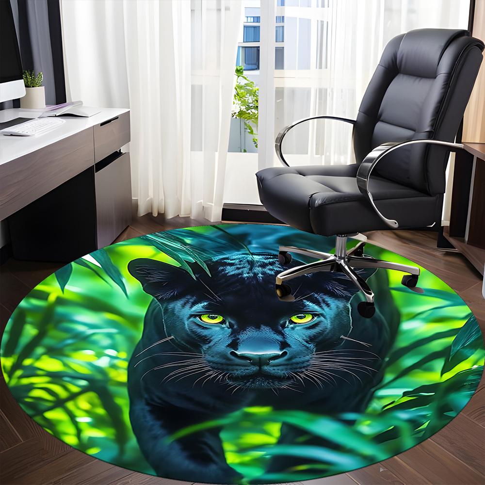 1pc Panther, Jungle Print Chair Carpet for Office, Round Non-Slip Durable Large Size Office Carpet, Suitable for Office, Beautiful Decoration
