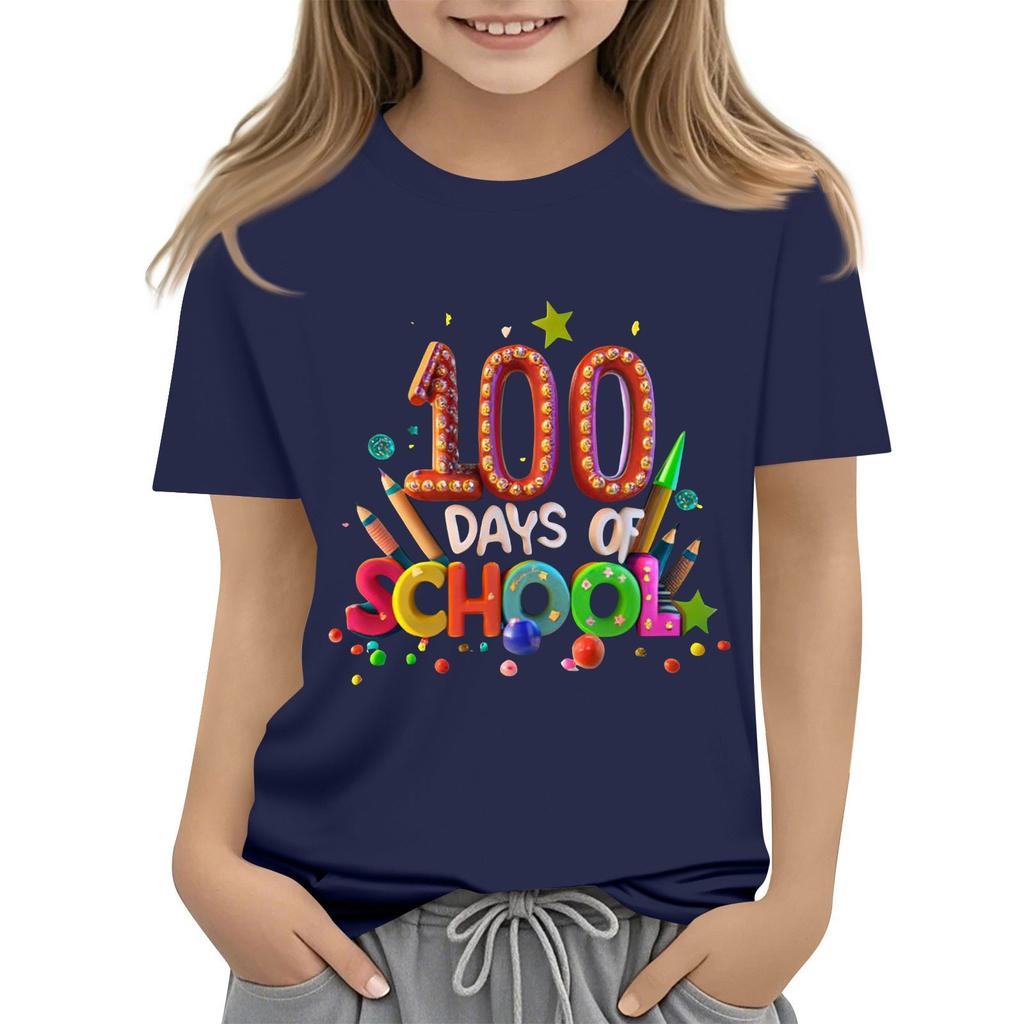 Happy 100th Day Of School Girls Boys Short Sleeve T Shirts Kids Tops Crewneck Tees