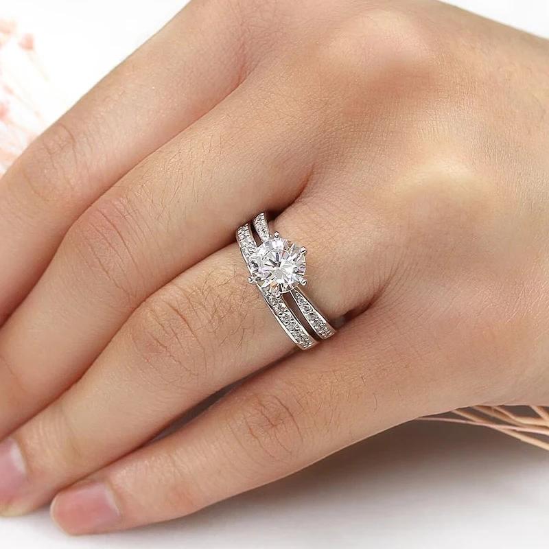 Huitan Noble Bright 6 Claws Cubic Zirconia Rings Set for Women Elegant Gorgeous 2Pcs/Set Wedding Band Jewelry Trending Accessories