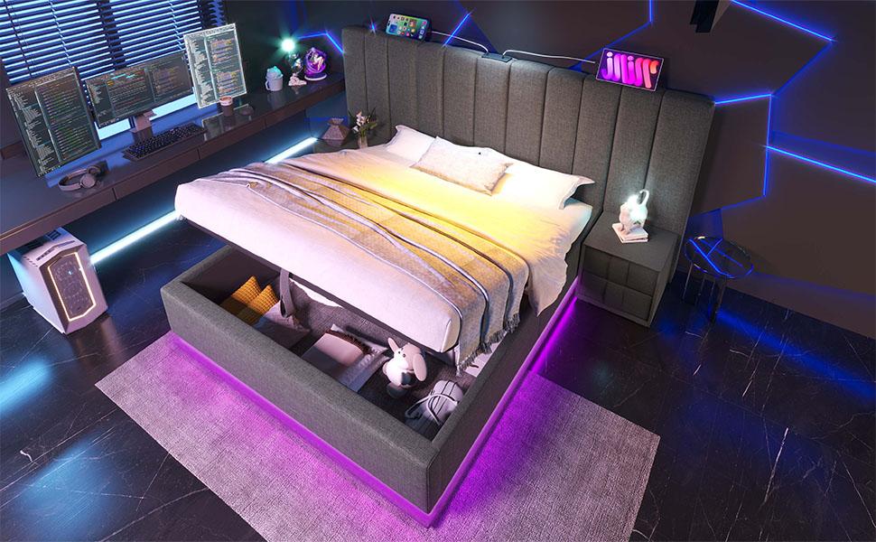 Upholstered Bed 160×200, Double Storage Bed with App Control LED, USB-C Charging, Bed Frame with Slats, Linen, Grey, Without Mattress and Nightstand