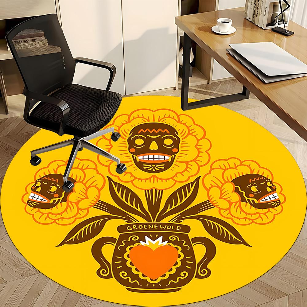 1pc Floral Skulls Office Round Area Rug,  Mat Suitable For Office, Under Office Chairs Bedroom Living Room Home Decor, Room Deco
