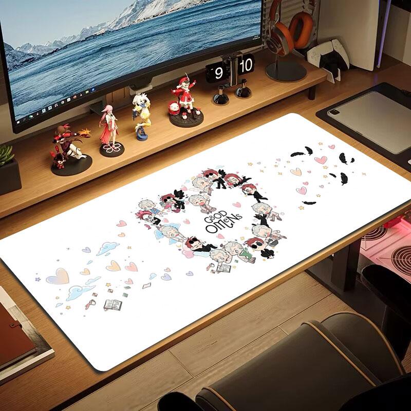 Good Omens Chibi Art Large Size Mouse Pad Large Gaming Table Cushion Nonslip Laptop Tablet Big Mousepad Xxl Mat Mini Pc Playmat With Lock Edge