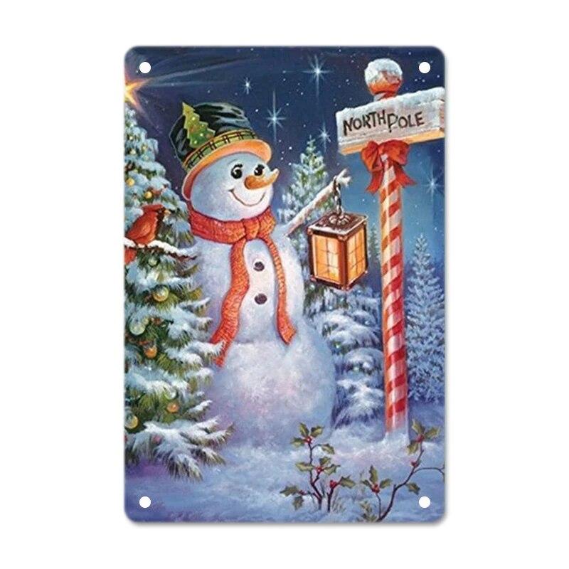 Merry Christmas Posters Tin Sign Cute Snowman and Santa Claus Metal Plaque Wall Art Decor Christmas Gift