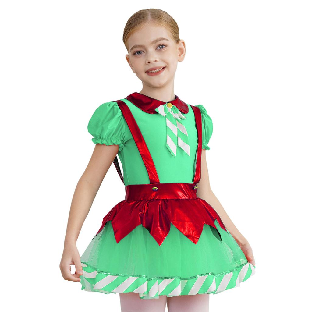 Girls Christmas Tutu Dress Puff Sleeve Hollow Back Bow Stripes Design Suspender Jumpsuit Dance Leotard