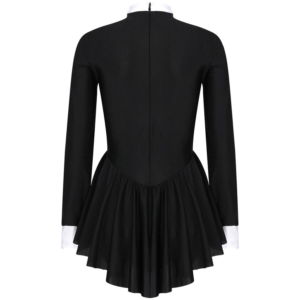 Women's Party Hostess Costume S-XXL: Stylish Contrast Tuxedo Dress Featuring Bow Buttons and Long Sleeve Ruffle Cuffs