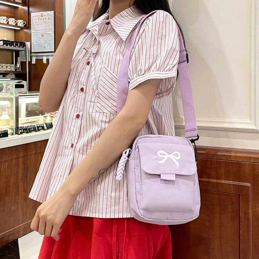 Fashion Bow Women's Nylon Shoulder Bag Solid Color Versatile Mini Crossbody Bag Trendy Multi-purpose Mobile Phone Storage Bag