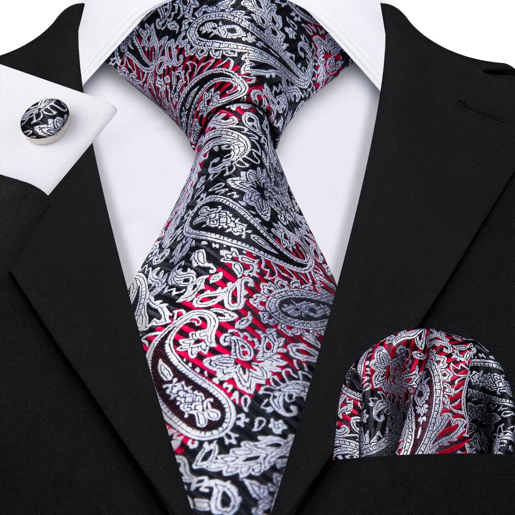 Hi-Tie Fashion Mens Wine-Red Paisley Necktie Hanky Cufflinks for Business Wedding