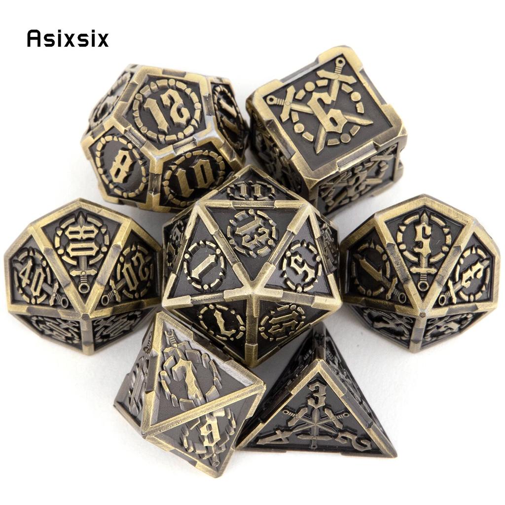 7 Pcs Yellow Double Swords Metal Dice Solid Polyhedral Dice Set Suitable for Role-Playing RPG    Board Game