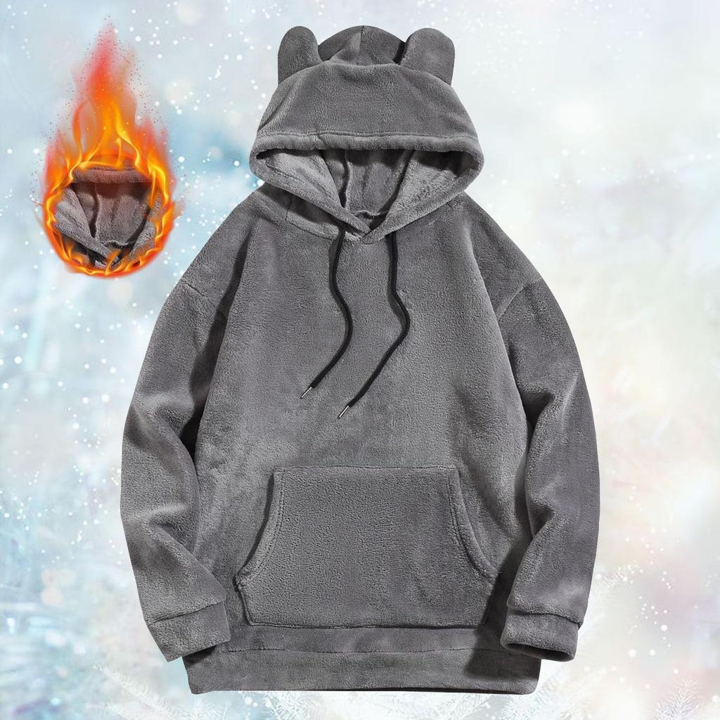 Осенне-зимняя взрывная однотонная теплая коралловая бархатная толстовка с капюшоном с ушками медведя, симпатичная утолщенная мужская
