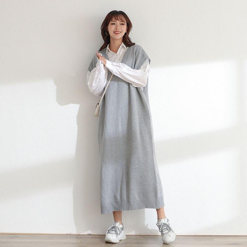 DIMANAF Женское платье-свитер Зима Осень Большой размер Новый вязаный жилет без рукавов с V-образным вырезом Женский базовый однотонный свободный пуловер
