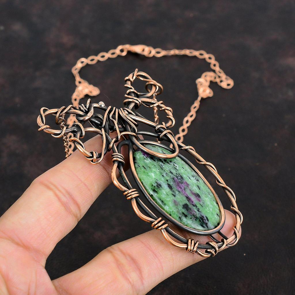 Ожерелье из рубина и цоизита, обмотанное медной проволокой, Ювелирные изделия из драгоценных камней рубина и цоизита, Ожерелье с регулируемой цепочкой, Медные украшения ручной работы для подарков