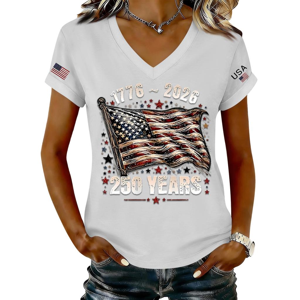 Women's Fashionable V-Neck Casual Retro Print Short Sleeved T-shirt Top