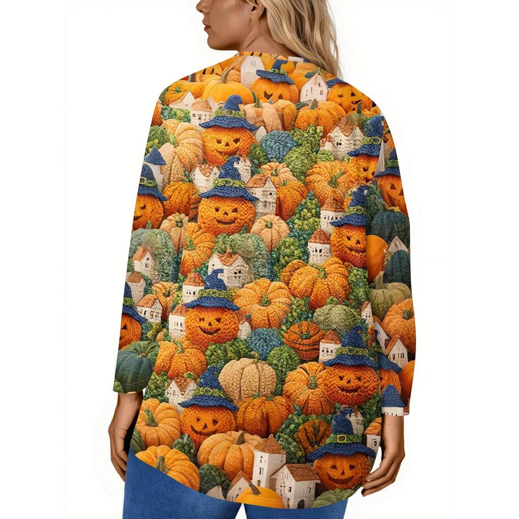 Женская мода Большой размер Круглый вырез Длинный рукав Повседневный Пуловер Топ с принтом на Хэллоуин Свободного кроя