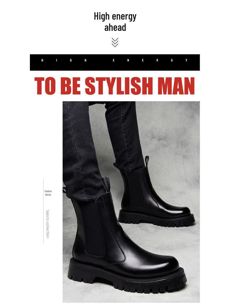 Мужские челси из черной кожи в британском стиле - Высокие, на толстой подошве, из мягкой кожи, универсальные для мотоциклетной, рабочей одежды в стиле Мартин.
