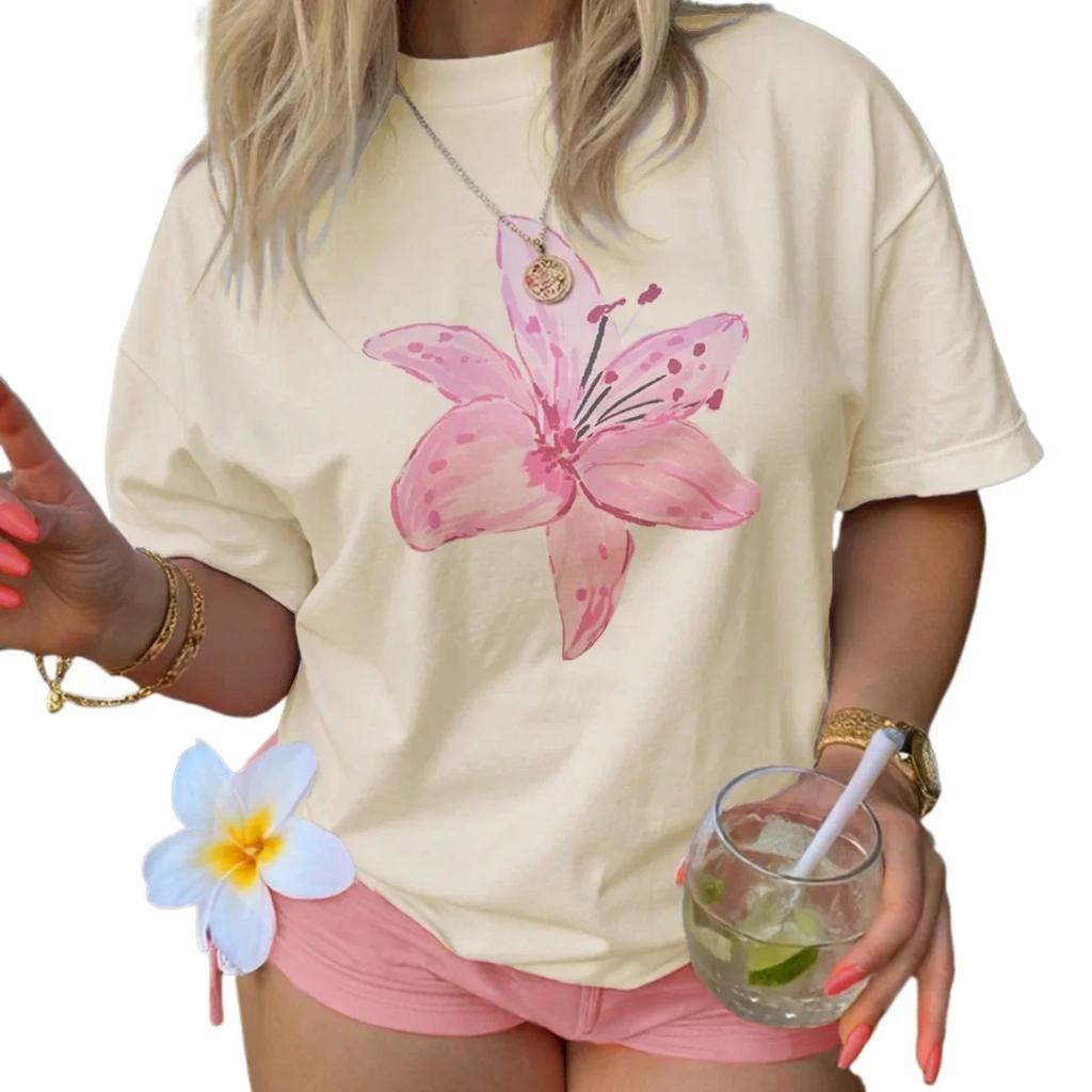 Summer American Ins Personalized FeUnisex Floral Minimalist Printed Tshirt Fashionable Y2k Retro Casual Street Clothing Top