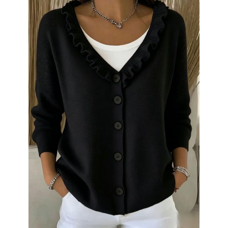 Women S Ruffled V Neck Solid Color Knit Cardigan Casual Autumn Winter Sweater Coat