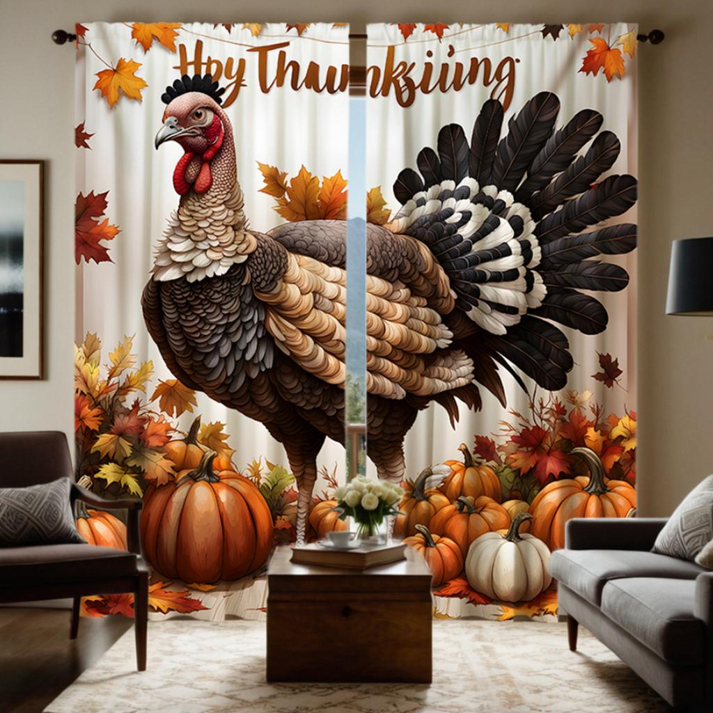 Набор из 2 штук HD День Благодарения Индейка тыква Кленовый лист декоративная занавеска Желтая завязка занавеска с цифровой печатью Домашний декор стиль
